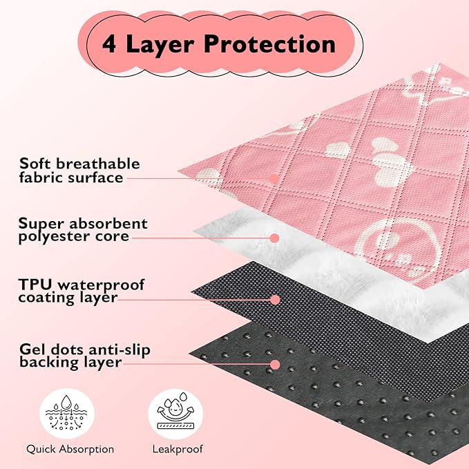 4 Pack Guinea Pig Bedding - Washable Guinea Pig Liners for C&C 2x1 Cage, Waterproof Reusable & Anti Slip Pee Pads Super Absorbent Mats for Small Animal Rabbit Hamster Rat (Pink, 28 x 14 Inch)