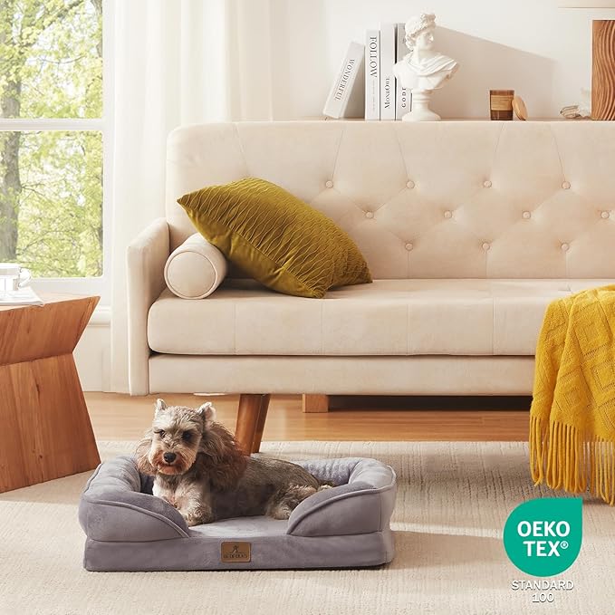 Bedfolks Orthopedic Dog Bed, Waterproof Dog Sofa Bed for Small Dogs & Cats, Egg Foam Pet Couch Bed with Removable Washable Cover and Nonslip Bottom, Light Grey
