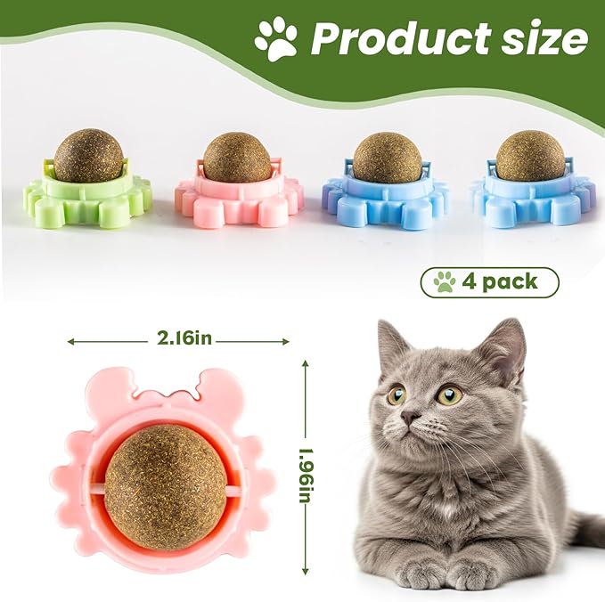 Catnip Toys 4 Pack Catnip Balls Catnip Wall Ball 360° Rotatable Chewing Teeth Cleaning Edible Cat Interactive Toys Indoor Play with Cats Wall Anxiety Relief Cat Chew Ball
