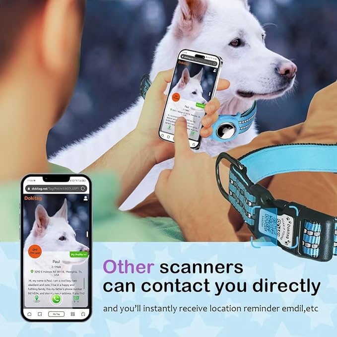 Reflective Dog Collar with Apple AirTag Holder & QR Code Pet ID Tag,Soft Nylon Adjustable Dog Tracker Collar with Safety Lock for Large Dogs(Blue, L(16"-26"))