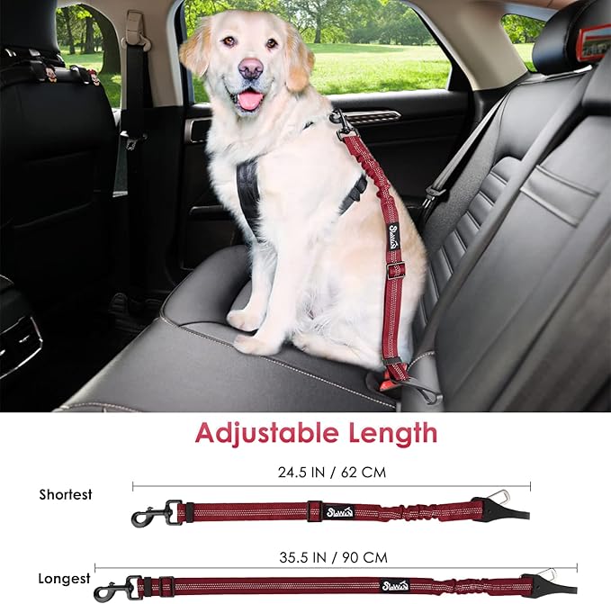 SlowTon Dog Seat Belt, Adjustable Dog Safety Belt Leash, 2 in 1 Latch Bar Attachment Dog Car Seatbelt with Elastic Nylon Bungee Buffer, Reflective Nylon Belt Tether(Red 35.5in)