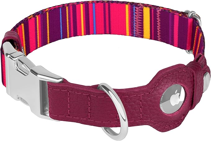 AirTag Dog Collar for Small Medium Large Breed - Adjustable Cute Pattern Dog Collar with Airtag Holder - Soft Leather Tracker GPS Apple Air Tag Pet Collars (Large, 17"-21" Neck Fit, Striped)