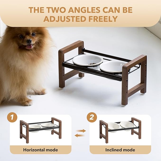 5.5inch Ceramic Adjustable Raised Double Bowls Set with Stand, 3 Heights Elevated, 2 Placement Options,Food and Water Dishes for Puppy, Cats(Double Bowls+Stand, Reactived Glaze -White