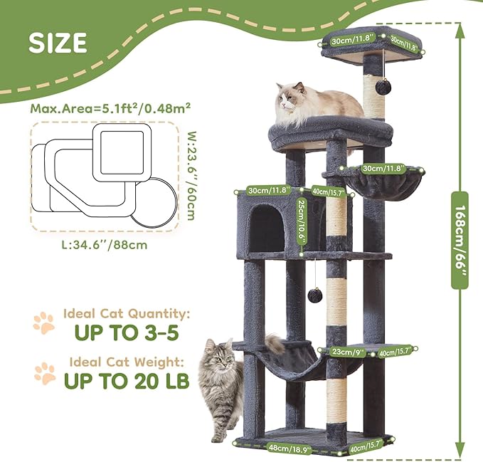 Taoqimiao MS042G Cat Tree,66-inch Large Cat Tower with Scratching Posts, Luxurious Large Platform for Big Cats with Soft Hammock, Adjustable Basket, Deluxe Cat Cando, Top Perch Smoke Gray