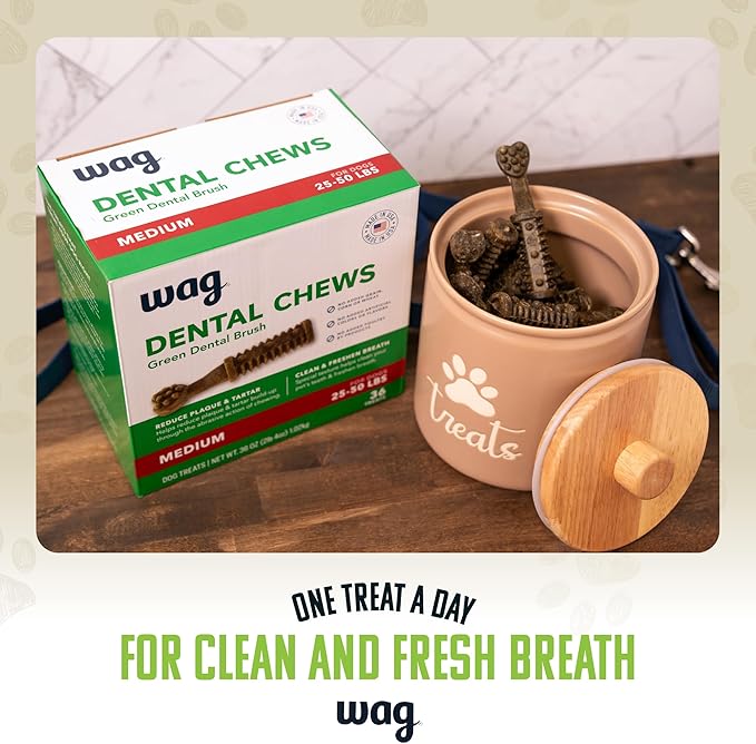 Amazon Brand - Wag Dental Dog Treats to Help Clean Teeth & Freshen Breath - Medium, Unflavored, 36 Count (Pack of 1)
