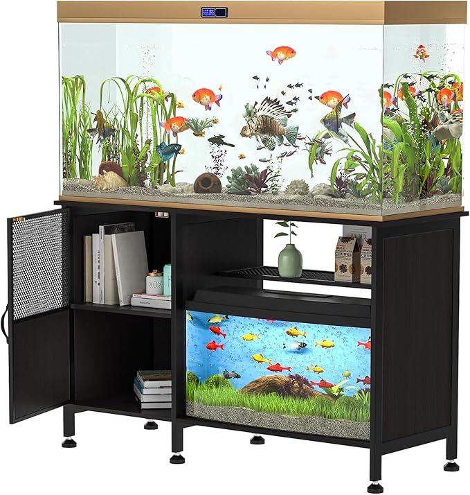 Fish Tank Stand, Modern Aquarium Stand with Built-in Cabinet and Shelves - Sleek Black Iron and Wood Grain Design for Stylish Home Décor( 51.97" x W 19.69" x H 31.5") Black