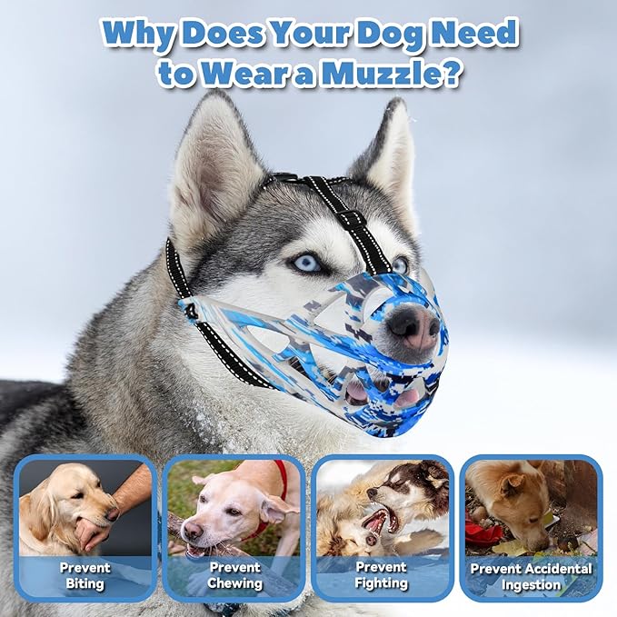 Dog Muzzle for Large Dogs, Medium and X-Large Aggressive Dog, Breathable Basket Muzzles, Suitable for Grooming Trimming Training, Allows Panting Drinking (Camouflage Blue, XL)