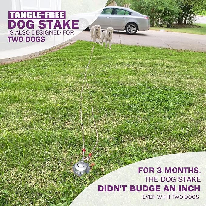360° Swivel Dog Tie Out Cable and Stake - 2025 Upgrad Stainless Steel Dog Stake Dog Anchor for Small to Large Dogs - No Tangle Reflective Run Cable for Yard (Silver 10 ft Cable)