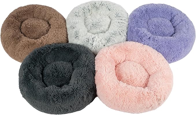 Best Pet Supplies Round Donut Dog Bed with Plush Faux Fur Fabric, Calming, Anti-Anxiety Cushion for Indoor Pets, Slip-Resistant Base, Soft Ergonomic Support - Light Warm Gray, 20x20x6''