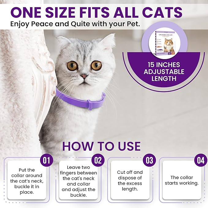 Calming Collar for Cats: Pheromone-Infused Behavior Support, Long-Lasting 30-Day Effect, Adjustable & Waterproof, 4-Pack (Purple)