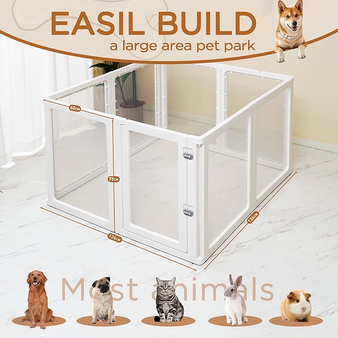Citylife Clear Acrylic Plastic Dog Playpen Indoor,for Puppy Cat Rabbit Ferret Transparent Pet Pen,Easy Assemble Whelping Crate Kennel Cage Enclosure for Small & Medium Dogs 8 Panels