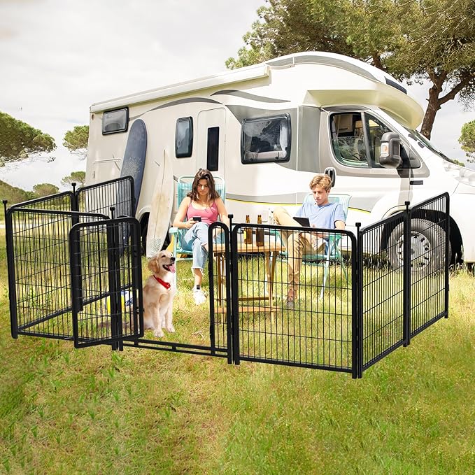 56 in(H) Decorative Garden Fence Panels, Wide Door Low Threshold, Dog Fence Outdoor for Yard. 10 Panels Total 22.1 Ft(L),No Dig Fencing for Dogs, Black