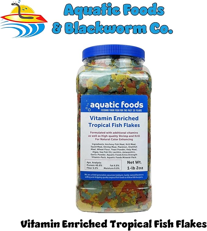 Aquatic Foods Inc. Premium Vitamin Enriched Tropical Fish Flakes, Vitamin Pack, Krill, Color Enhancing, Spirulina Flakes for All Tropical Fish Also Pellet Mix, Wafer Mix Included…1-lb 2oz