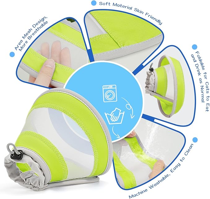 Breathable Air Mesh Cat Cone Collar Soft to Stop Licking, Adjustable, Foldable Lightweight Kitten Cones After Surgery Recovery for Cats & Kittens (Yellow Green,M)