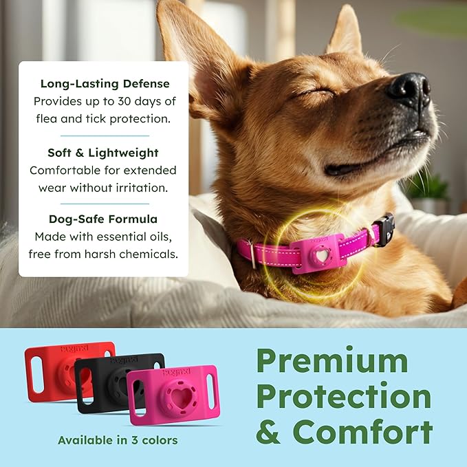 BugMD Paw Guardian Flea & Tick Pendant (2-Pack) with AirTag Holder – Plant-Based Flea & Tick Prevention for Dogs – Pet Collar Tag & GPS Tracker Holder for Dogs – Pink