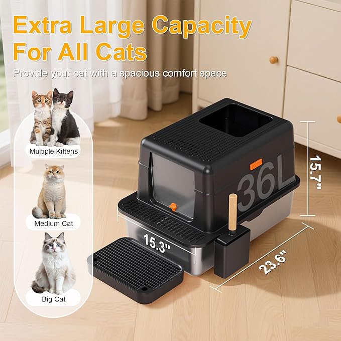 Enclosed Stainless Steel Litter Box with Lid, 20L Metal Enclosed Litter Box for Big Cat, Flip-Top Design with Anti-Leakage High Sides, Cat Lovers Gifts(Black)