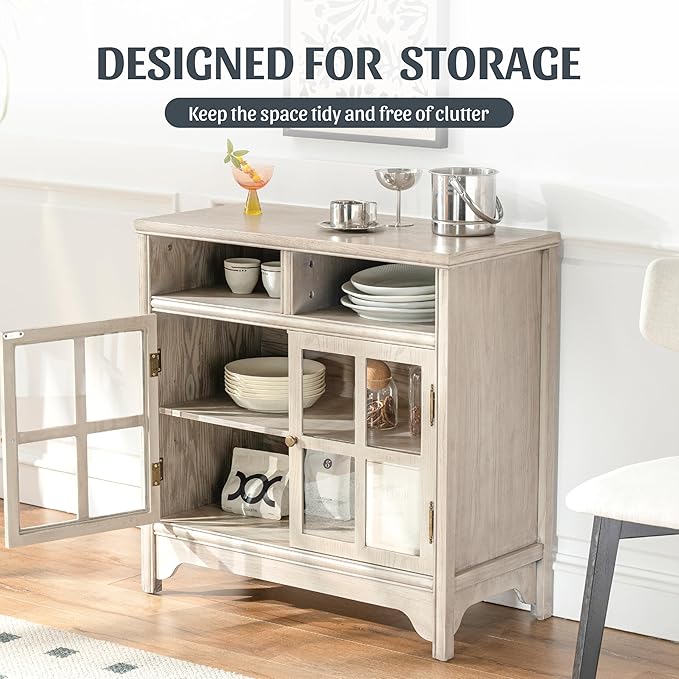 Chogori 31.5" Solid Wood Buffet Cabinet with Storage, Farmhouse Sideboard with 2 Doors, Coffee Bar Cabinet for Dining Room, Kitchen, or Living Room, Gray