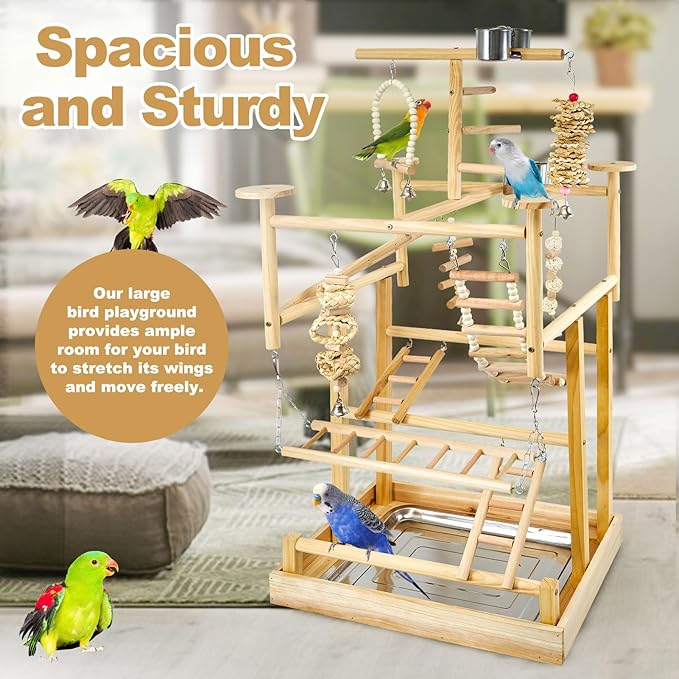 Bird Playground - Natural Wood Parrot Playstand with Perches, Bird Play Gym & Accessories, Removable Tray & 4 Stainless Steel Cups