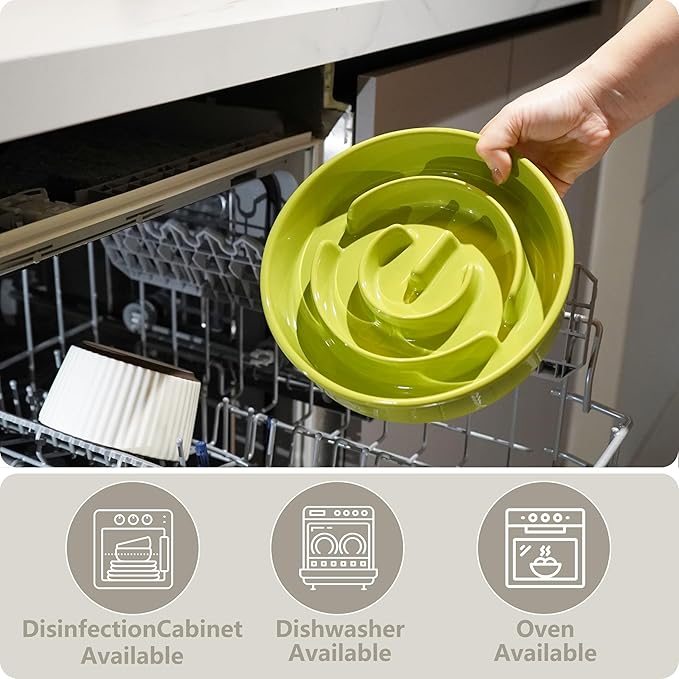 Ceramic Slow Feeder and Water Bowl Set for Medium and Large Dogs, Ceramic Dog Bowls Elevated with Wooden Stand, 2.0 Cups Dog Slow Feeder(30oz) and 70oz Water Bowl Set, Green