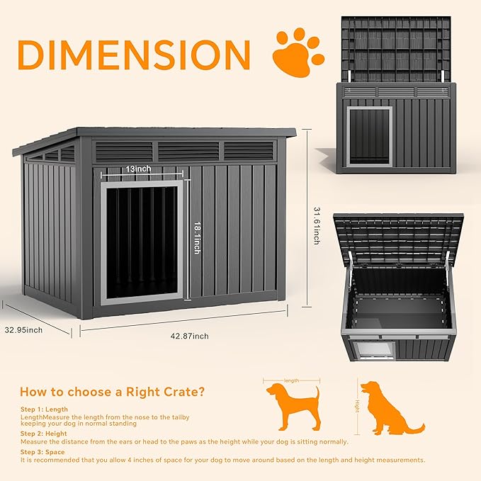 DRATO Dog House for Both Indoor and Outdoor with Weatherproof Roof Removable Floors for Medium to Large Dogs Interior Space (Black, Large (42.87 * 32.95 * 31.61''))