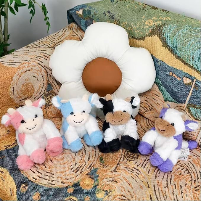 Blue and White Cow Weighted Stuffed Animal 20cm/7.87in Cute Sitting Cow Plush Toy with Smile Soft Fluffy Small Farm Plushie for Kids Adults Birthday Festival Gift Bed Home Office Decor Toys