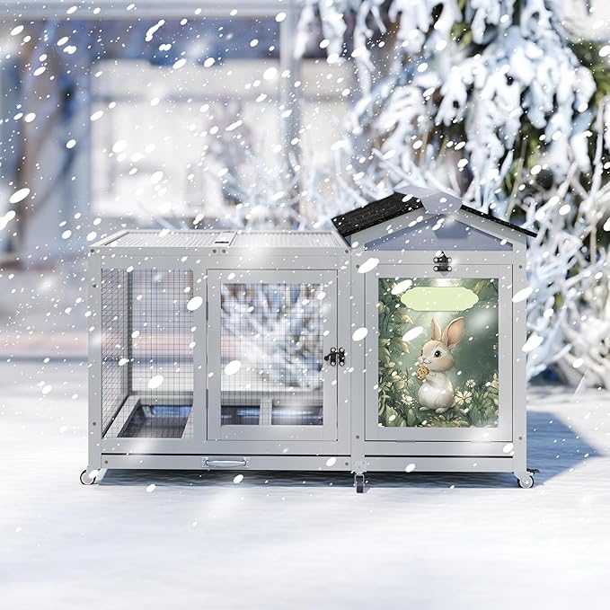 COZIWOW 38.5inches Durable Wooden Rabbit Cage Indoor,Wide Space Small Animal House with Removable Tray&Safety Lock,Rubbit Hutch with Waterproof Roof&Solar Panels (Grey with Pattern)