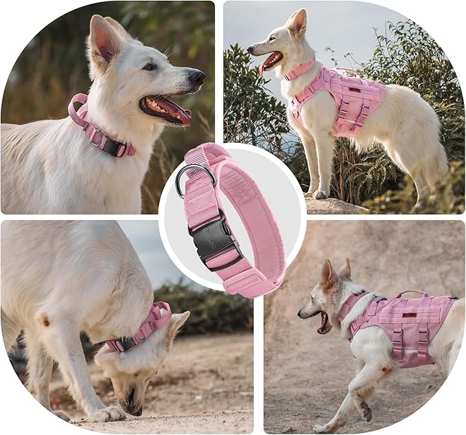 OneTigris Pink Dog Harness Leash Collar Set,Adjustable Dog Vest Harness for Walking Hiking Training(Medium)