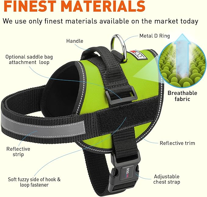 Dogline Dog Harness, Reflective No-Pull Adjustable Vest with Handle, Breathable No-Choke Harness for Small, Medium or Large Dogs Room for Patches Girth 15 to 18 in Lime Green