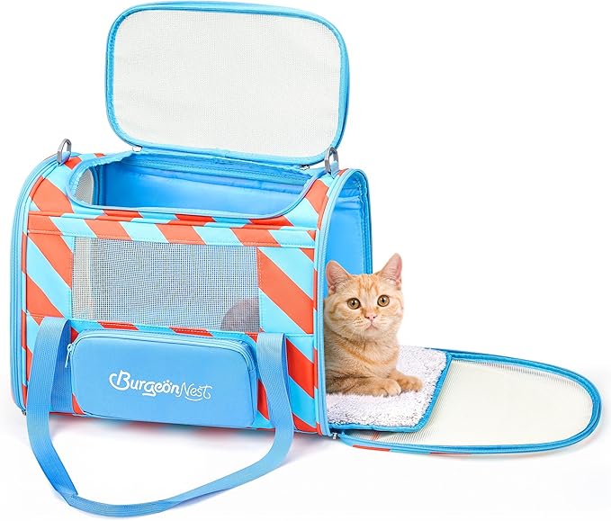 BurgeonNest Cat Carrier, Dog Cat Carriers for Large Medium Cats Under 20 lbs, Soft Sided Pet Carrier, Collapsible Travel Carry Puppy Kitten Cat Carrier with Big Side Bag (Medium, Blue-Orange)
