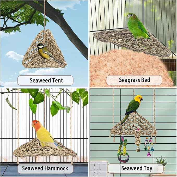 BNOSDM Bird Seagrass Mat, 3 PCS 7.1 x 7.1 Inches Parrot Natural Seagrass Woven Bird Net Hammock Mats Chew Toys Bird Hideout Cage Accessories for Lovebird Cockatiel Conure Budgie Hamster Rats