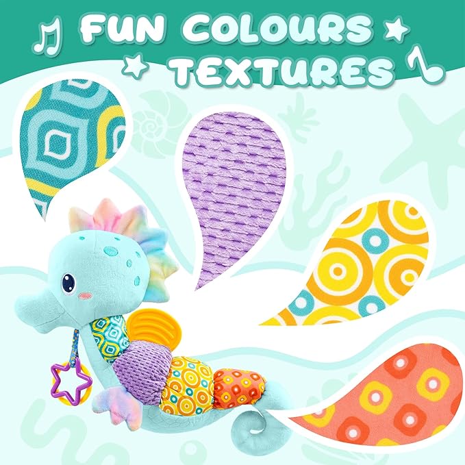 Baby Toys 0 to 12 Months, Musical Stuffed Animal Activity Soft Toys with Multi-Sensory Crinkle, Rattle and Textures, Infant Tummy Time Toys for Newborn Boys, Seahorse, Blue