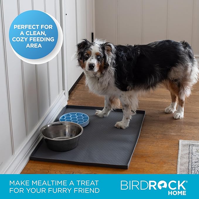 BIRDROCK HOME Extra-Large Dog Mat for Food and Water Bowls - Waterproof Pet Feeding Mat to Prevent Spills - Anti-Slip Rubber Tray for Messy Eaters - Placemat Protector for Floors - 32in x 24in - Grey
