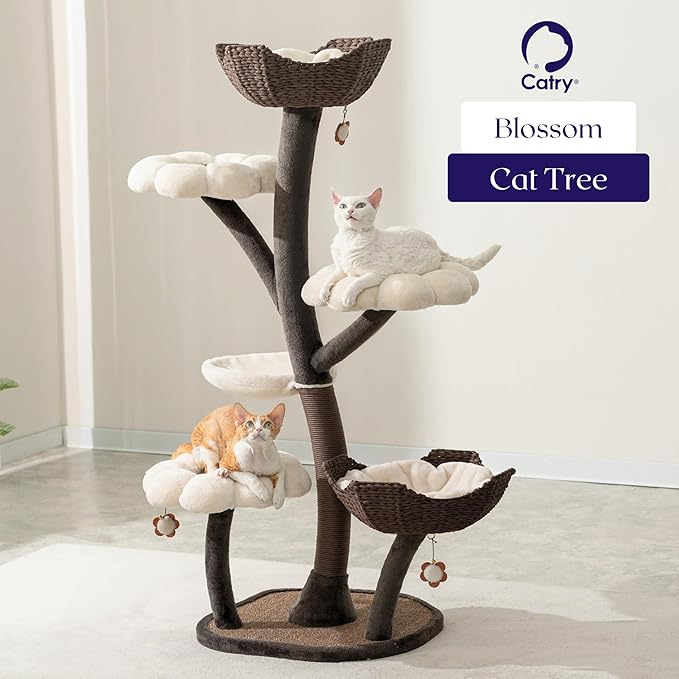 Catry Blossom 59" Flower Cat Tree with Replaceable Flower Perches and Scratching Posts, Handwoven Baskets with Washable Beds, Durable Iron Frame for Large & Multi-Cat Homes