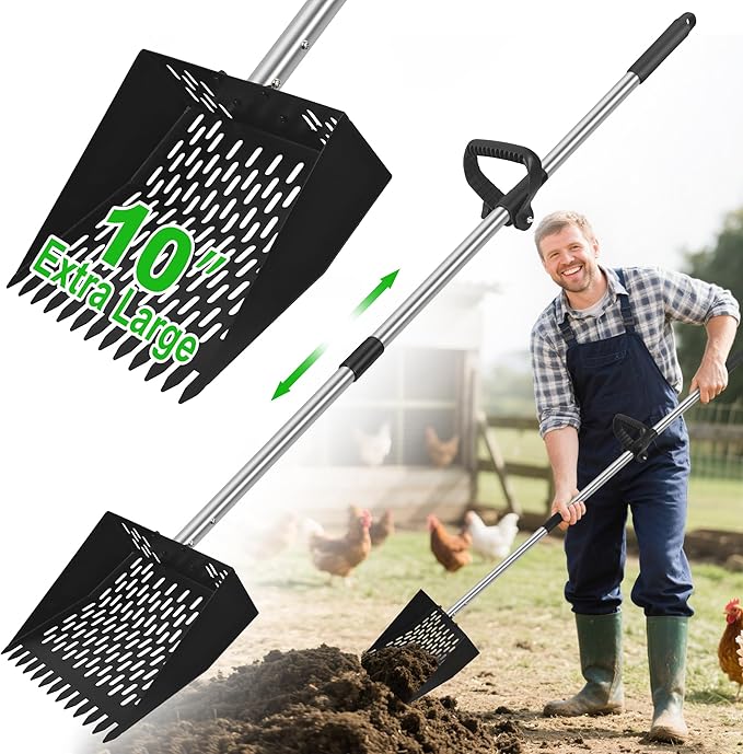 2-in-1 Chicken Poop Scooper & Rake - Adjustable Chicken Coop Scoop with Handle(39、53、67 in),Stainless Steel Shovel Head- Litter Scooper Sand & Sifting Shovel for Chicken Coops