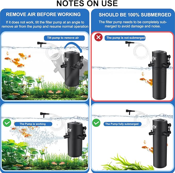 Aquarium Filter for 15-40 Gallon Tank, Submersible Fish Tank Filters with Wave-Maker Oxygenation Circulation, Adjustable Air Flow Filter for Freshwater & Saltwater (8W)