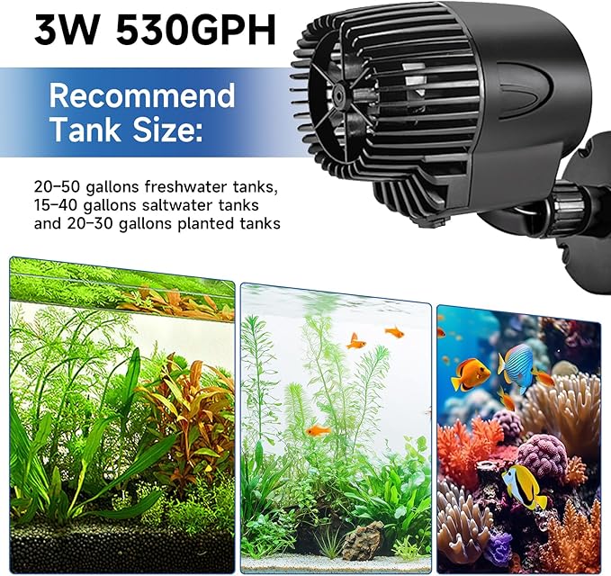 AQQA Wave Maker Pump, 530GPH Aquarium Circulation Pump 360 Degree Rotatable Submersible Powerhead Pump with Magnet Suction Base for Marine and Freshwater Aquariums(3W)