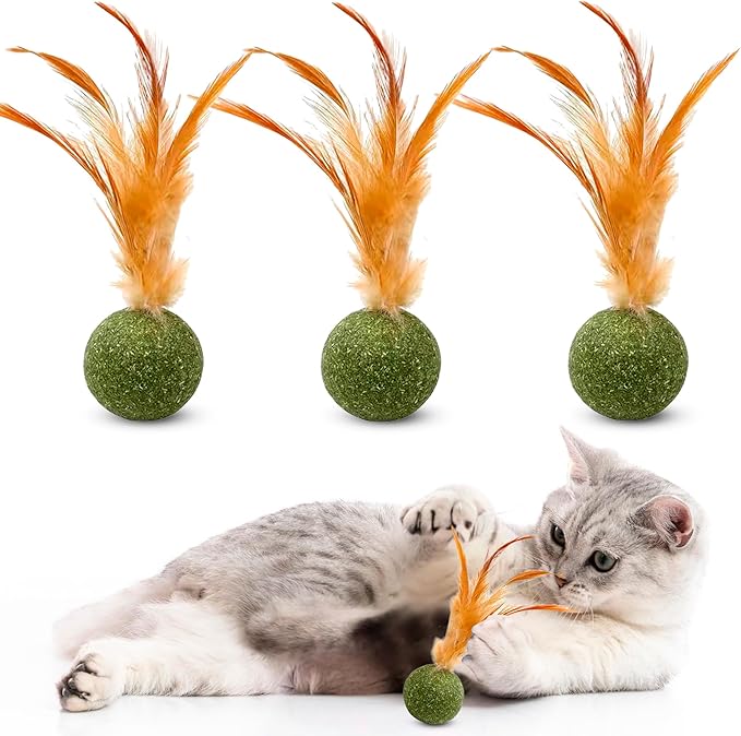 3 Pcs Catnip Balls with Feathers β Natural Catnip Toy for Play, Stress Relief & Healthy Enrichment Interactive Cat Toys Perfect for Indoor Cats & Kittens, Encourages Active Play & Wellness