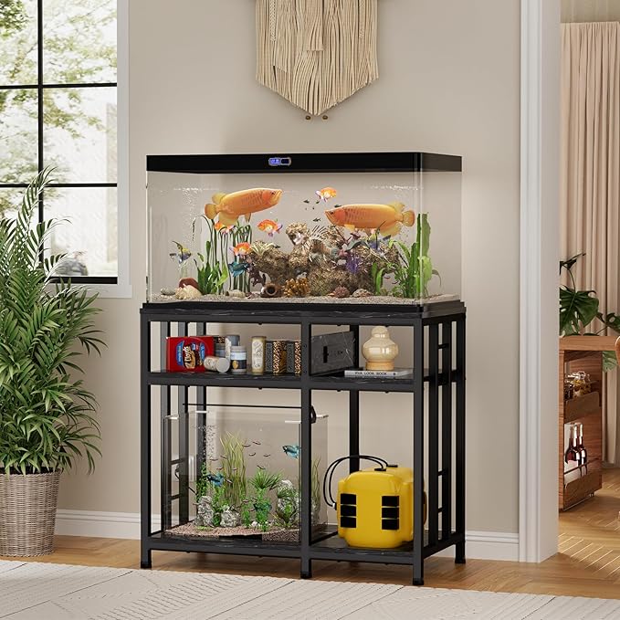 Reinforced 40-50 Gallon Aquarium Stand with Power Outlet | Ultra-Stable 750LBS Capacity Metal Fish Tank Stand for Reptile/Aquatic Setups, 5-Tier Adjustable 37"x19" Steel Shelving System