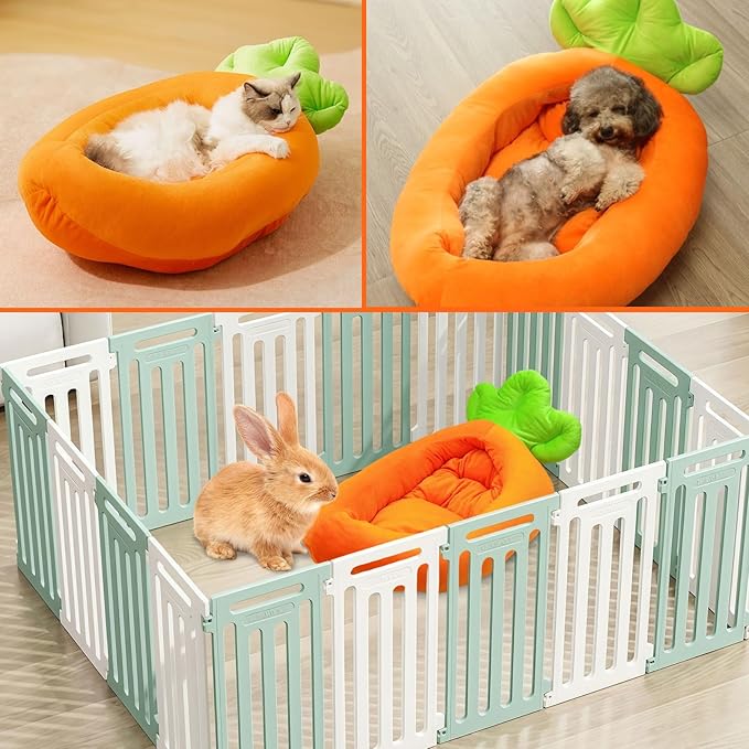 Bunny Bed,Thick&Soft Rabbit Bed with Removable Cushion,Machine Washable with Rattan Mat & Heart Decor,Cozy Warm Small Animal Sleeping Beds (Carrot Shape-M)