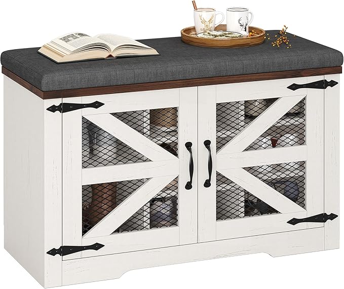 Farmhouse Storage Bench with Cushion, Metal and Wood Shoe Rack Organizer, Adjustable Shelf, Shoe Cabinet with Half Hidden Storage Space, for Entryway, Bedroom, Living Room (Old White, 31.4in)