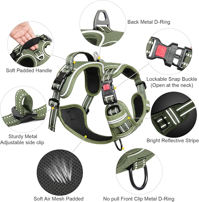 Timos Dog Harness Large Sized, No Pull Pet Harness with Neck Lockable Snap,No Choke Front Clip Dog Reflective Vest,Adjustable Metal Rings 3 Buckles,Easy Control Handle for Large Dogs Green XL