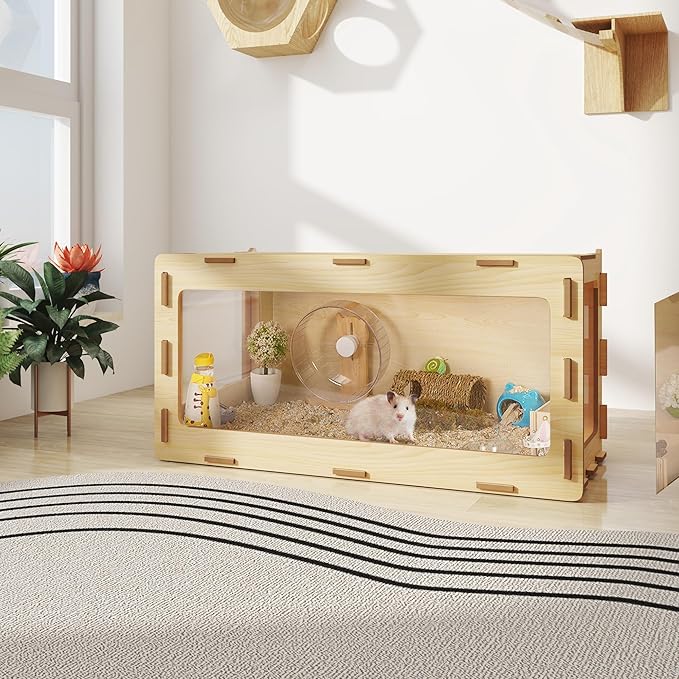 COZIWOW Wooden Hamster Cage Chewproof, Bigger World - 32" Large Hamster Cages and Habitats, Openable Top & 3 Side Acrylic Sheets, Small Animal Cage Pet House for Syrian Dwarf Guinea Pig Chinchilla