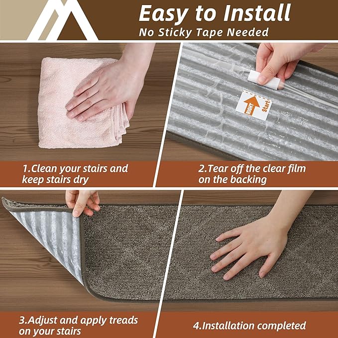 COSY HOMEER Stair Treads for Wooden Steps 9"x28" Washable Indoor Carpet Stair Treads Non Slip Soft Polyester Stair Carpet Tread Reusable Stair Runner Rugs for Kids, Elders,Pets,Light Brown,15pcs