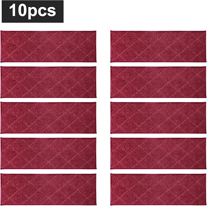 COSY HOMEER Edging Stair Treads Non-Slip Carpet Mat 28inX9in Indoor Stair Runners for Wooden Steps, Edging Stair Rugs for Kids and Dogs, 100% Polyester TPE Backing (10pc, Red)