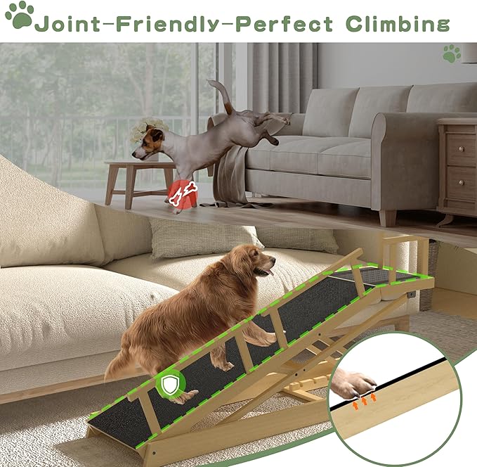 6 Level Height Adjustable Dog Ramp for Bed, Couch 65" Foldable Pet Ramp with Non-Slip Mat,DIY Glow Strips & Rest Platform Heavy Duty Dog Stairs for Large Dogs up to 200Lbs ,Wood Color