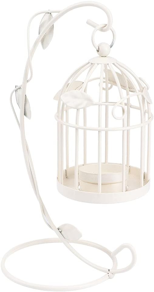 Birdcage Candle Holder, Hanging Candle Holder Decorative Bird Cages Bird Cage Decor Vintage Metal Candlestick for Wedding, Party(White)