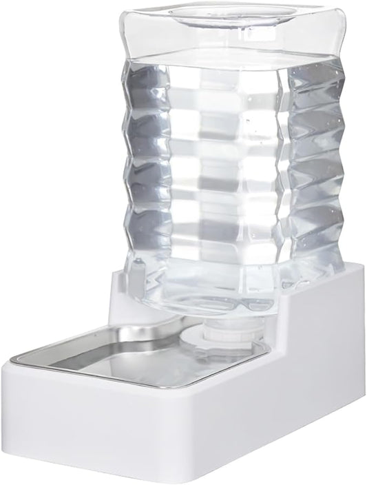 Automatic Dog and Cat Dispenser: 8L White Gravity Feeder with Stainless Steel Bowl - BPA-Free - No Spill Design for Cats and Dogs - Indoor and Outdoor Hydration