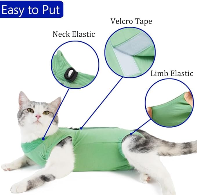 Cat Surgery Recovery Suit Professional for Surgical Abdominal Wound Or Skin Diseases E-Collar Alternative for Cats After Surgery Wear Pajama Suit (Green, Medium)