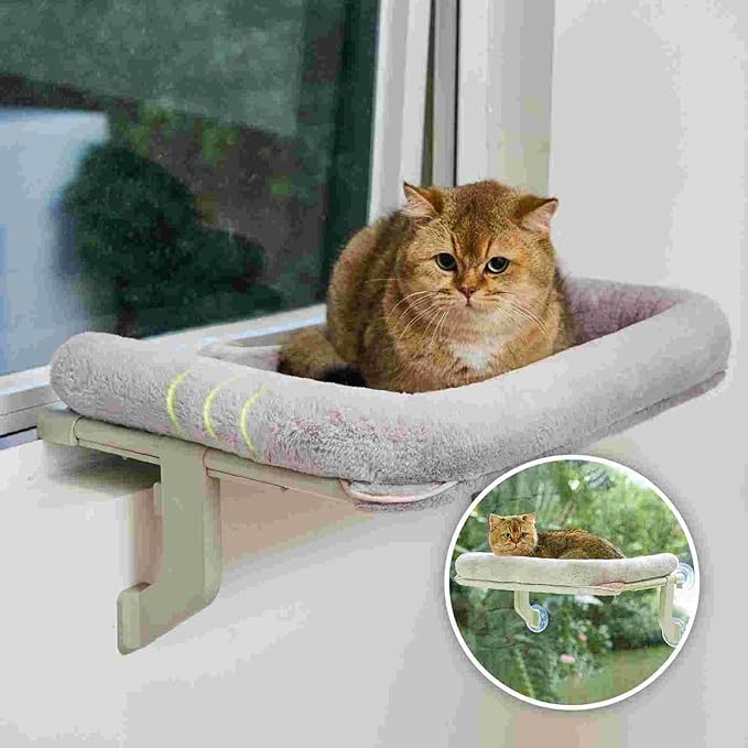 Cat Window Perch, Adjustable Cat Hammock for Large Cats, Mounts on Window Sills, Bedside, or Glass, Easy Installation and Removal, Washable Cushion Cover (20.5" W×15.7" L, Gray)