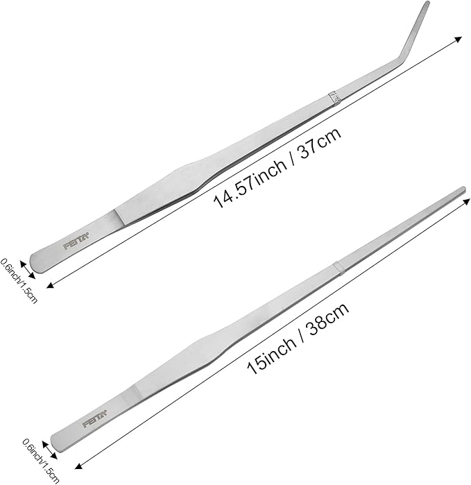 Aquarium Tweezers Extra Long 15 inches Feed Tong clamps - FEITA Straight and Curved Stainless Steel 38cm Tweezers Set for Fish Tank Plants Aquascape Tools & Reptile Feeding Tongs - Sliver 2Pcs
